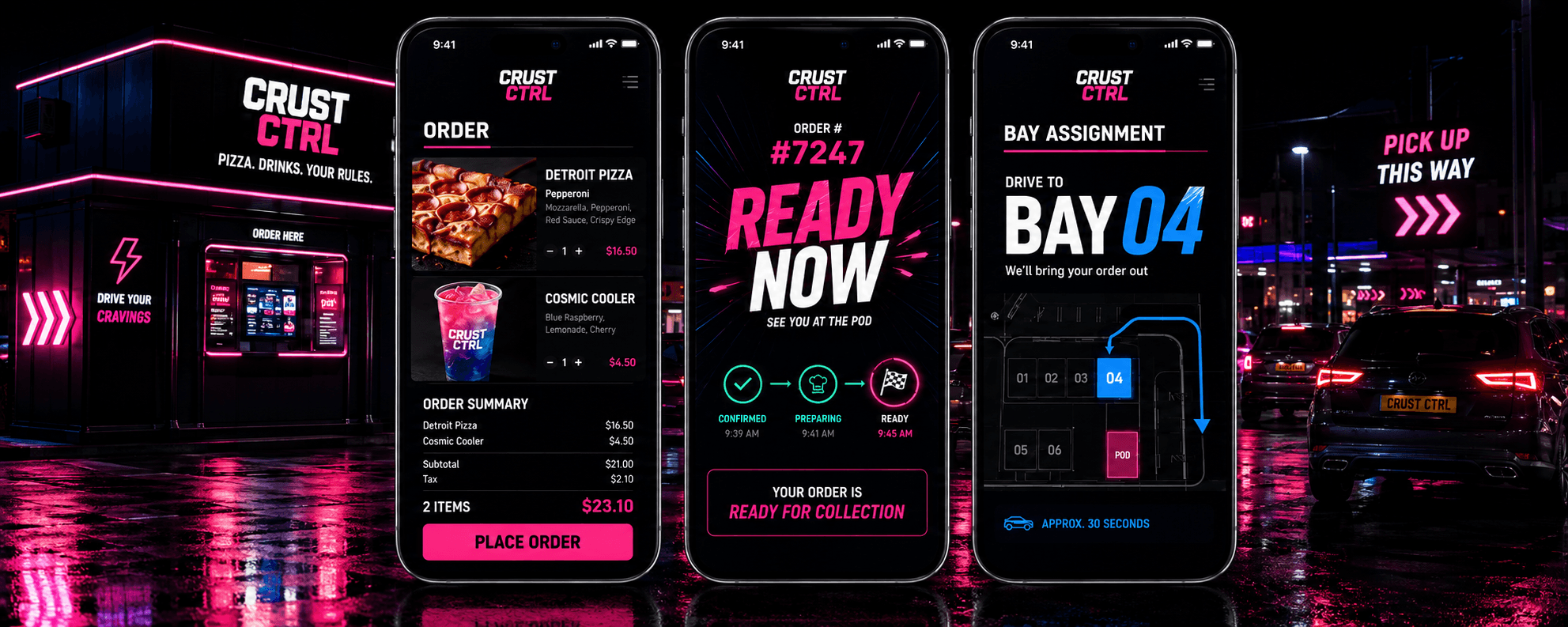 CRUST CTRL app screens — order, ready, bay assignment